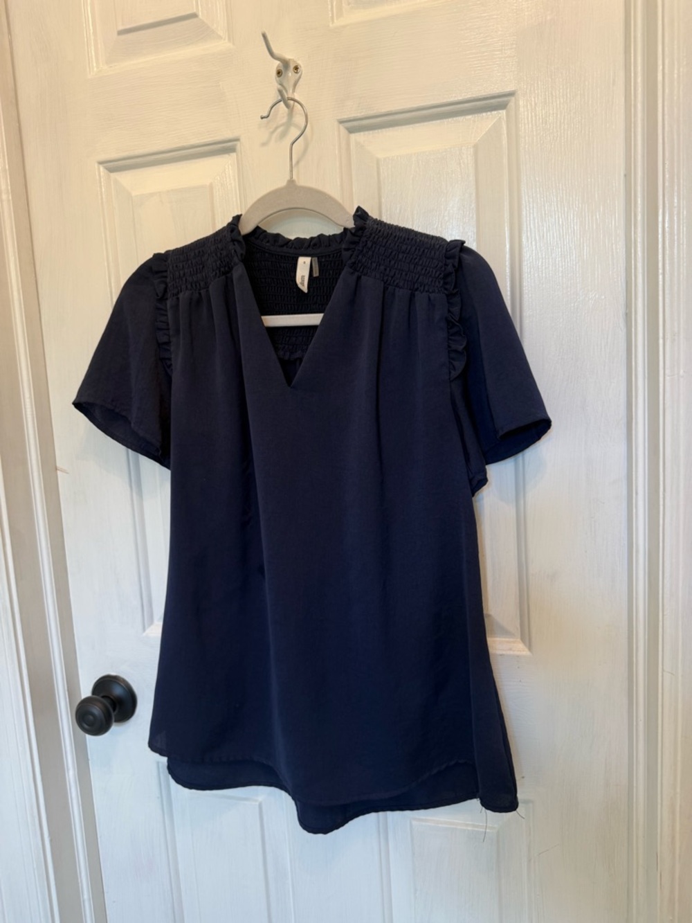 glam Navy V-Neck Short Sleeve Blouse with Shirred Shoulders